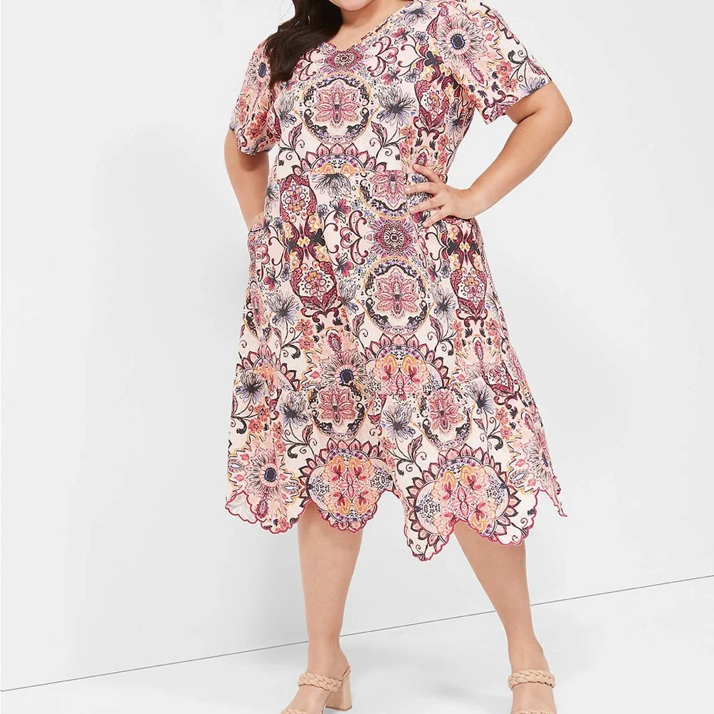 Lane Bryant Multicolor Floral Midi Dress Scallop-Hem linen viscose short sleeve
